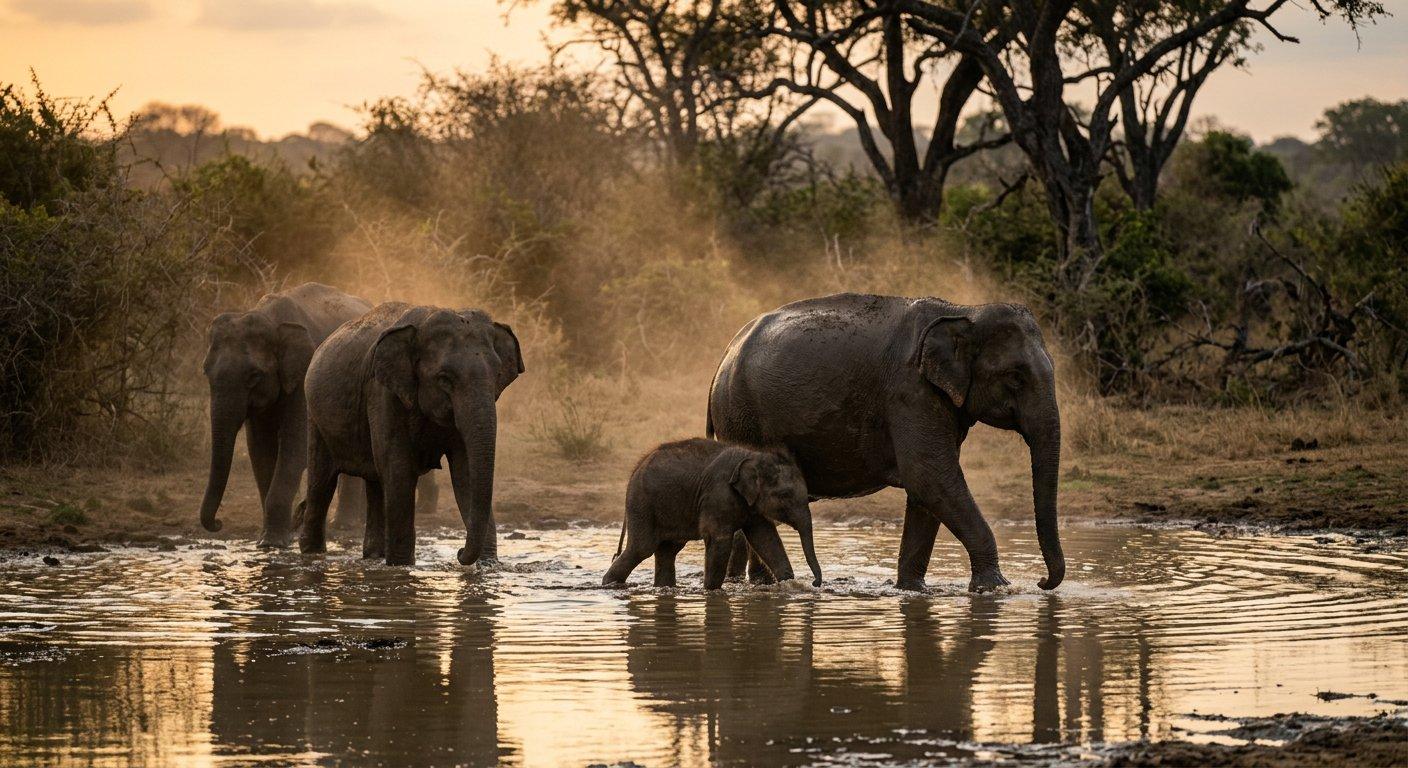 Elephants at a waterhole in Yala National Park, Sri Lanka