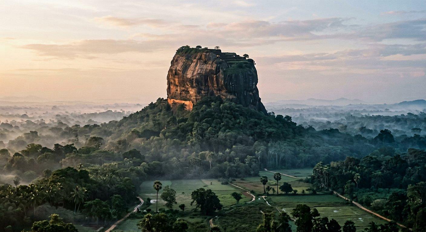Sigiriya rock fortress rising above jungle mist at dawn in Sri Lanka's Cultural Triangle