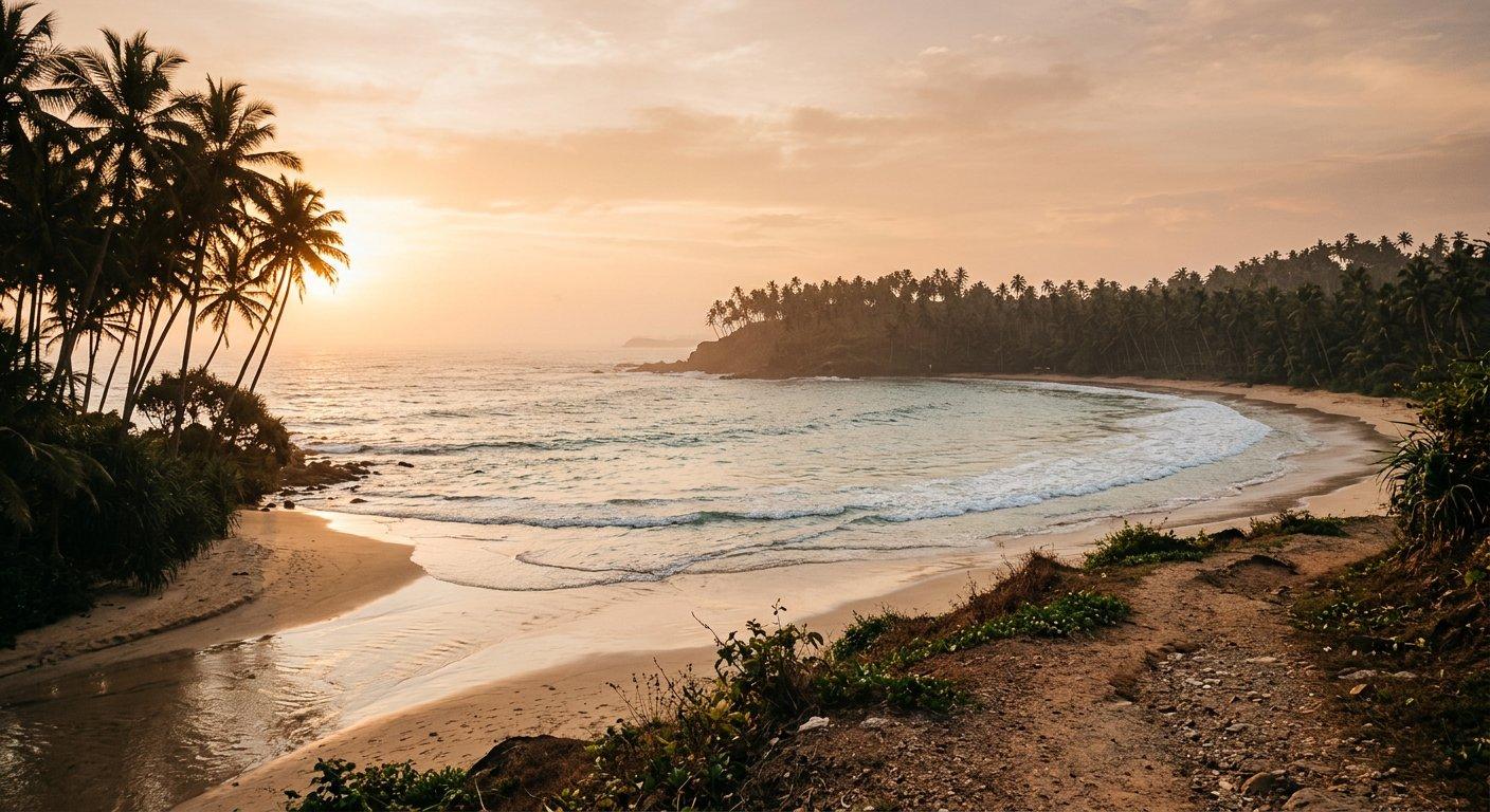 Surf rolling into a palm-fringed beach on the Sri Lankan coast